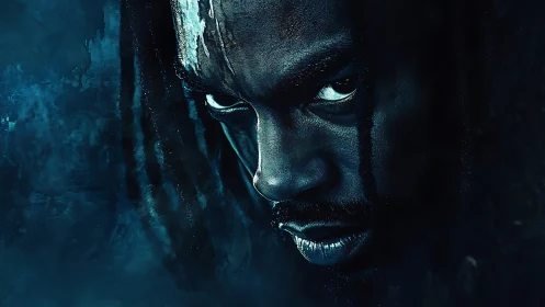 Intense male portrait with dramatic blue lighting focus.
