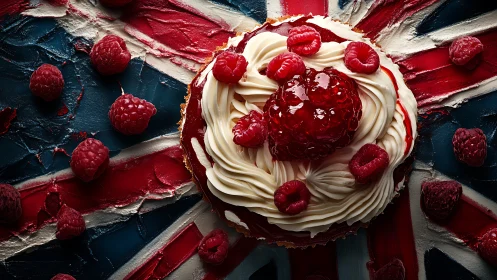 Architectural Cake with Raspberry Composition and Union Jack Surface.