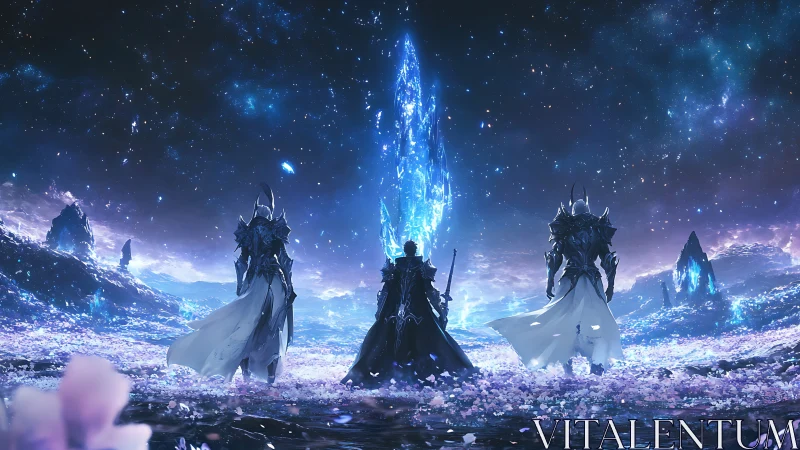 Celestial knights confront a radiant crystal in a cosmic field