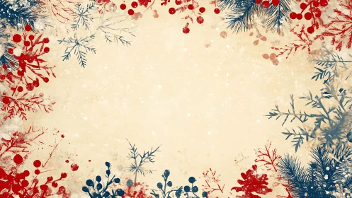 Vintage winter foliage frame with red and blue botanicals.