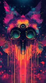 Neon symmetrical mask dissolves into vertical light trails