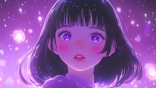 Violet-eyed anime girl gazes into radiant nebula glow