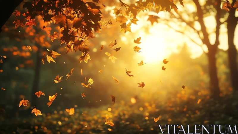 Backlit autumn leaves cascade through shallow depth-of-field forest
