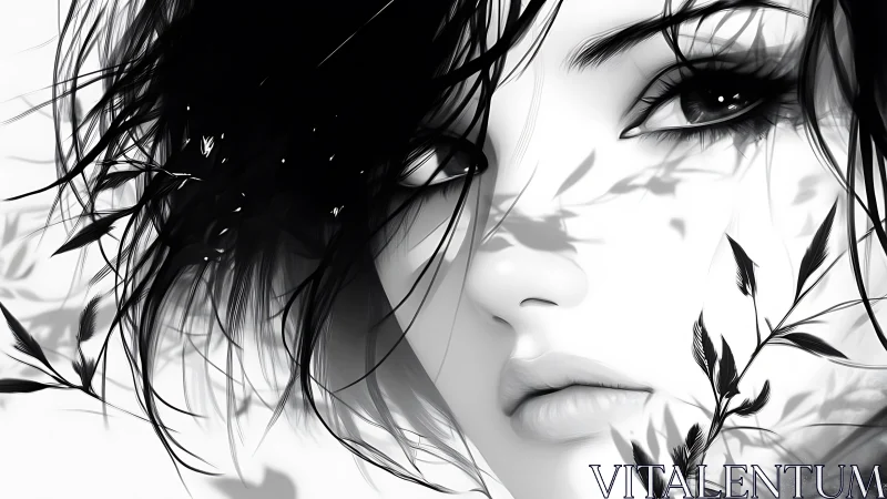 Monochrome anime portrait with botanical shadow overlays.