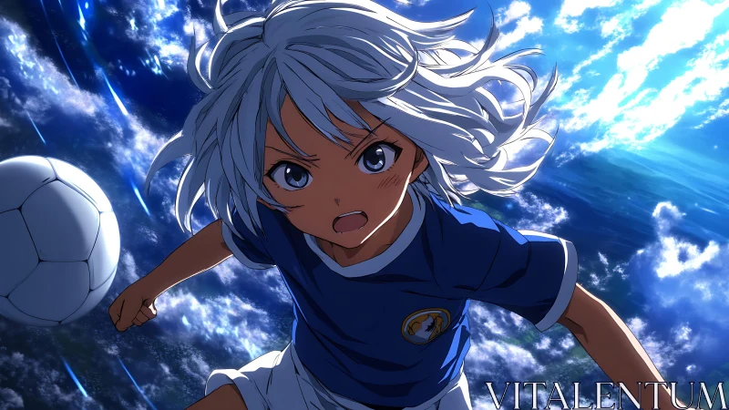 Dynamic anime footballer in aerial action perspective render.