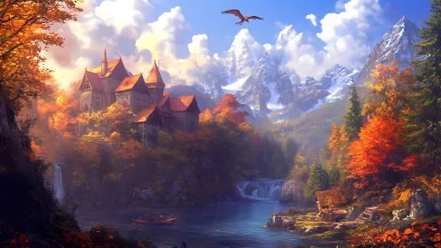 Mountain castle above autumn river valley under dragon flight