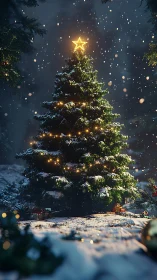 Snow-dusted forest fir crowned with a quiet golden star.