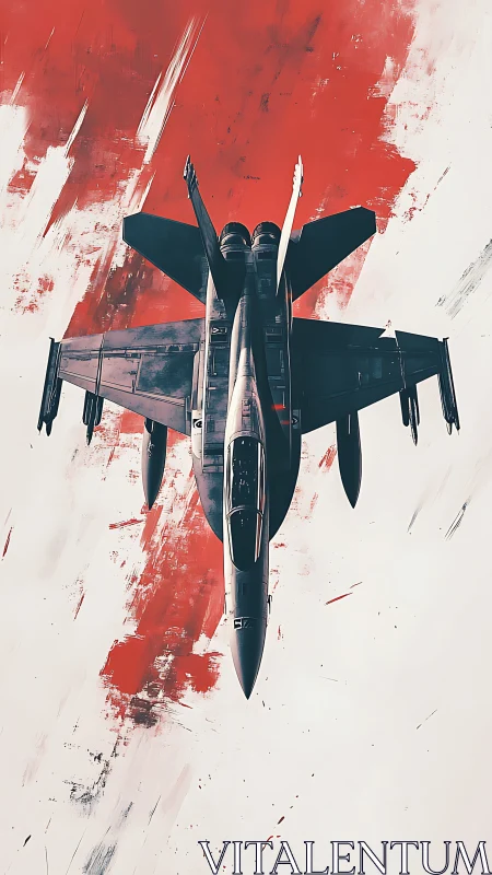 Stealth fighter jet cuts through bold red abstract sky