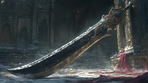 Massive ornate sword rests in decayed architectural interior