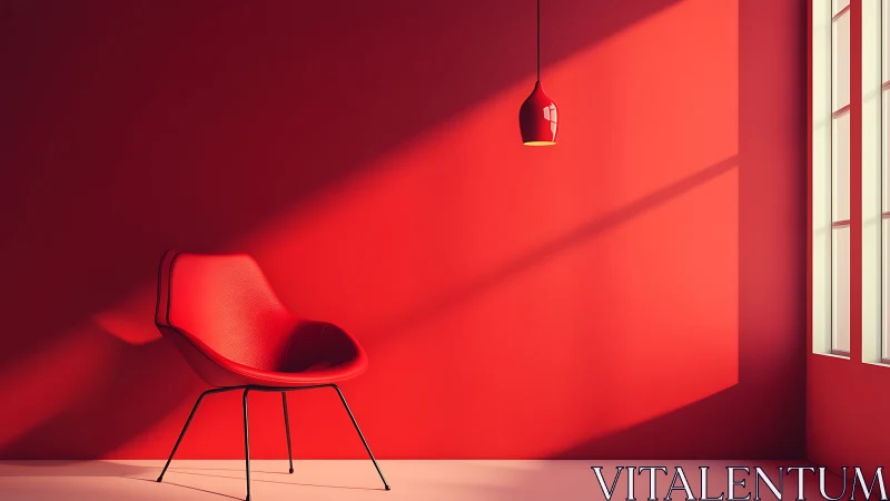 Red interior scene shows chair, pendant light and window