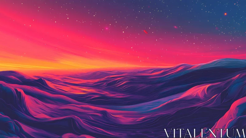 Radiant alien dunes glow softly beneath a star-swept sky