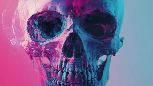 Chromatic cranial topology under bifurcated neon illumination.