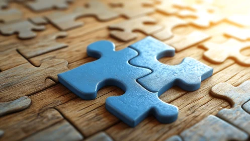 Single blue puzzle piece on assembled wooden jigsaw board.