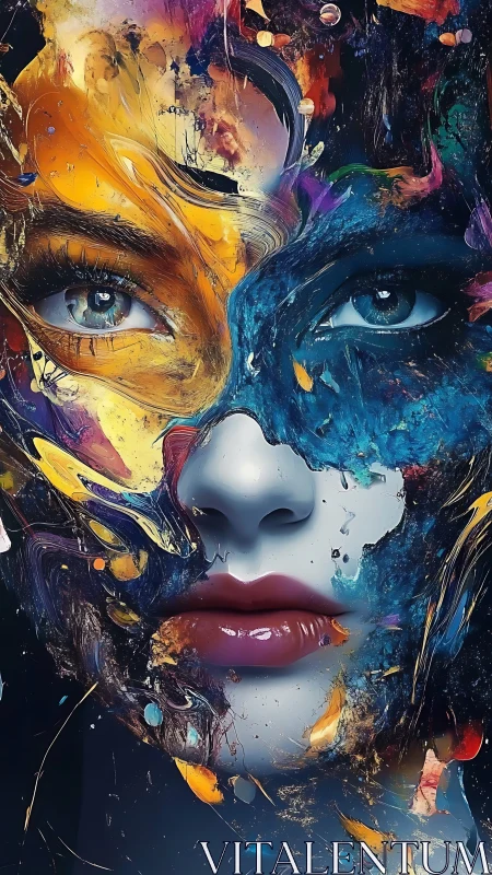 Abstract painted female face with vivid color splashes.