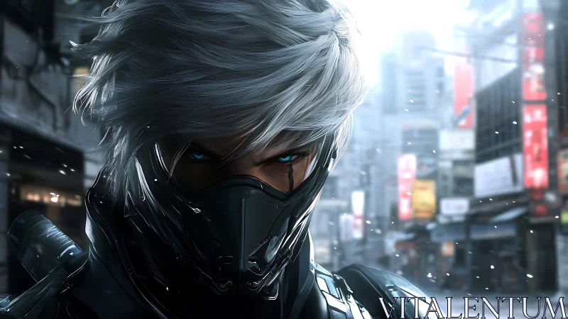 Cybernetic swordsman with silver hair in neon winter city.
