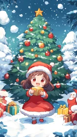Child in red outfit holds gift before decorated tree