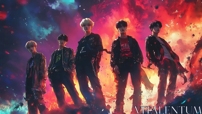 Neon storm idols stride through cosmic fire and stardust.