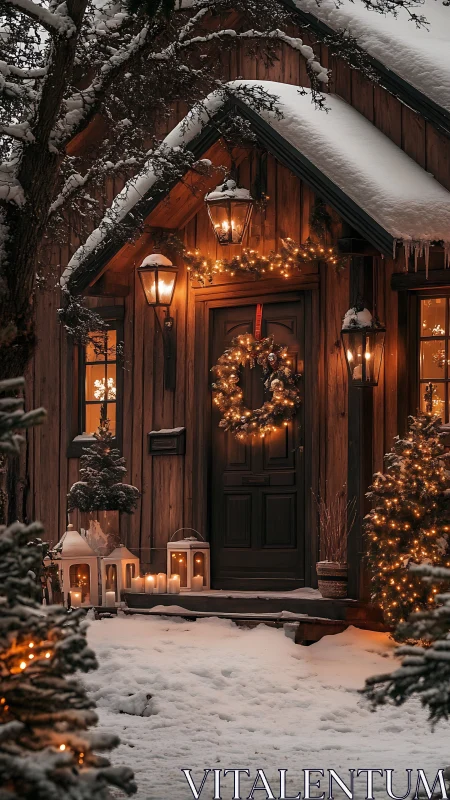 Snow-covered wooden cabin doorway with warm festive lights.