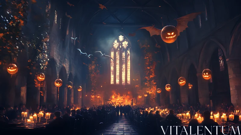Gothic great hall glows with enchanted Halloween jack-o’-lanterns