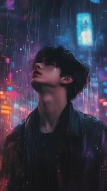 Solitary figure studies neon rain under cyberpunk city glow