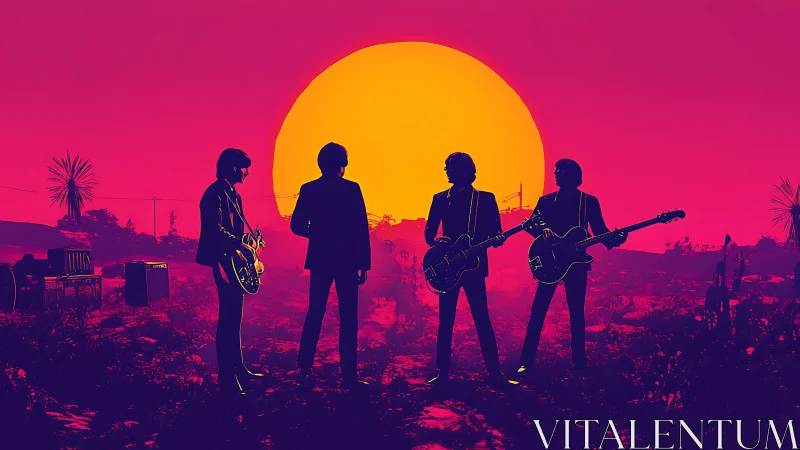Silhouetted rock band against neon sunset desert horizon.