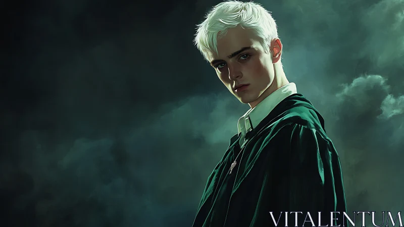 Moody pale-haired student portrait in dark emerald robes