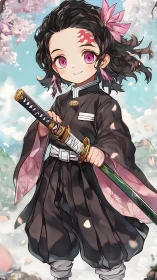 Chibi swordsman under cherry blossoms with pink katana glow.