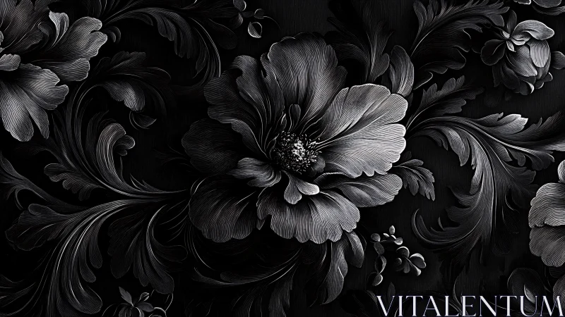 Baroque Floral Engraving: Dramatic Black and White Botanical Composition.