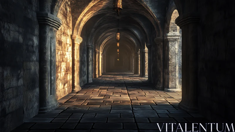Stone corridor shows repeating arches and warm lantern light