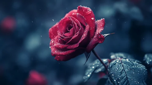 Crimson Rose with Dew Drops in Dark Atmospheric Composition.