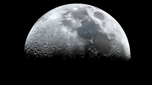 Lunar hemisphere in sharp telescopic monochrome detail.