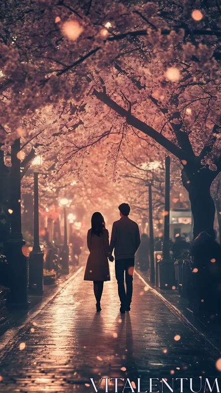 Silhouetted Couple Walking Cherry Blossom Tree-Lined Avenue at Golden Hour
