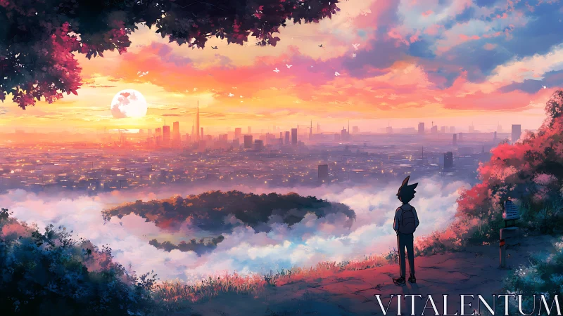 Silhouetted traveler observes glowing city above mist valley