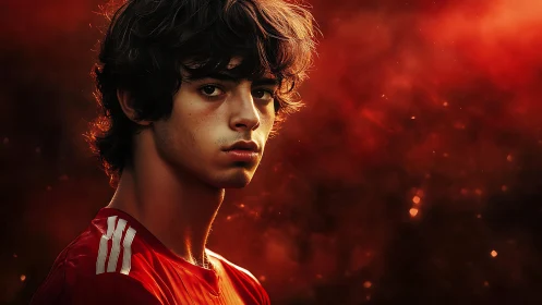 Moody portrait of young athlete in warm red light.