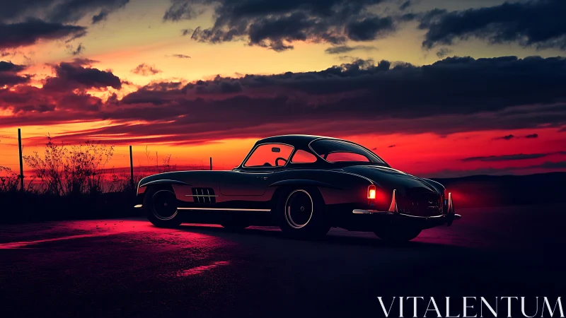 Classic coupe glows against vivid red sunset horizon