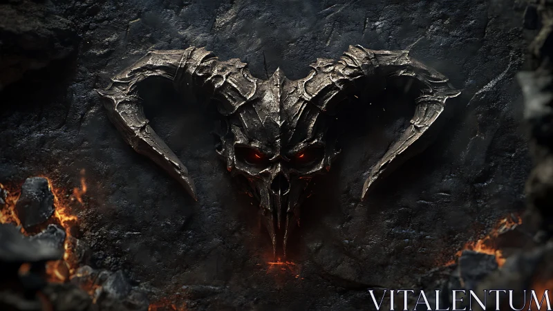 Infernal horned skull relief on charred volcanic stone wall