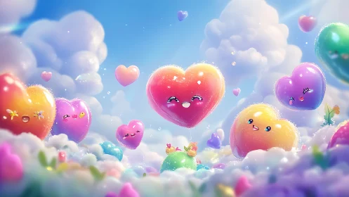 Adorable Smiling Hearts Float Among Fluffy Clouds