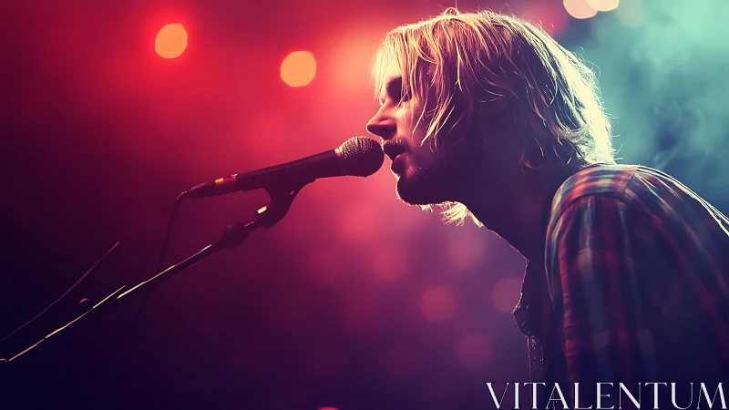 Male vocalist performing on stage under colored lights.