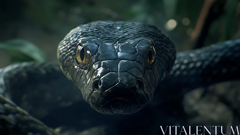 Gleaming black snake gazes calmly with striking golden eyes