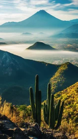 Telephoto landscape of stratovolcano and valley cacti at sunrise