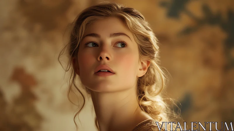 Softly lit portrait of young woman in warm tones.