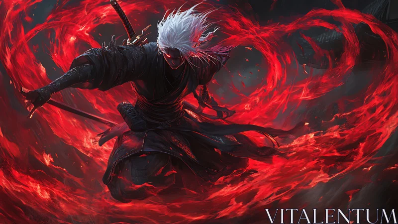 White-haired katana warrior channeling arcane crimson vortex