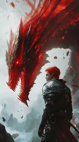 Armored red-haired warrior confronts spectral ember dragon