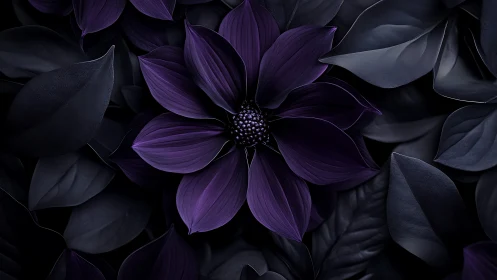 Deep Purple Bloom Emerges Against Shadowed Foliage in Dramatic Contrast