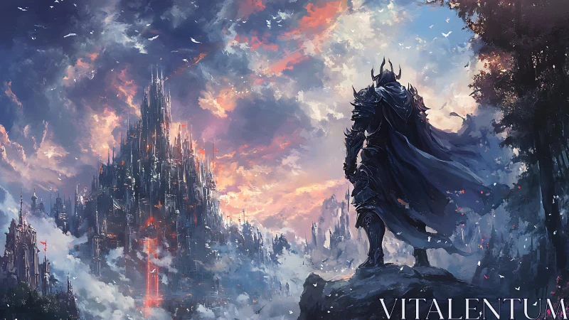 Armored figure observing distant spired fortress at dusk.