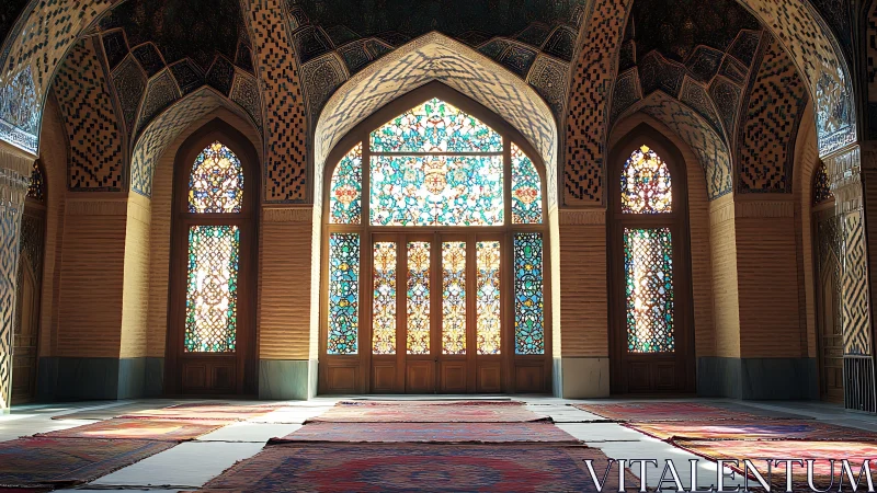 Stained glass interior of mosque with patterned carpets.