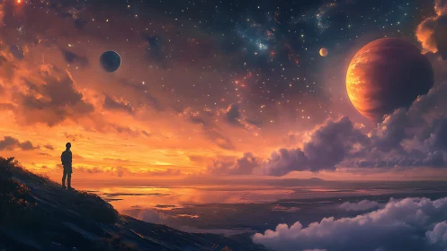 Solitary observer on alien shoreline under multi-planet dusk sky