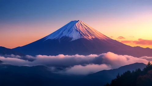Snow-capped stratovolcano ridge illuminated by warm twilight gradients