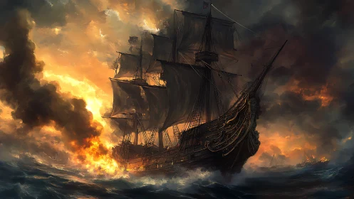 Stormlit war galleon charging through oceans of fire.