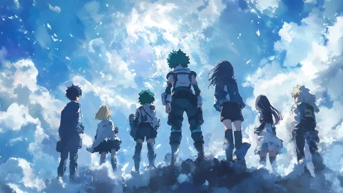 Group of anime teens facing bright dramatic sky together.